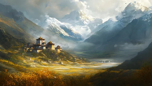 Mountain monastery city glows beneath towering snow peaks.