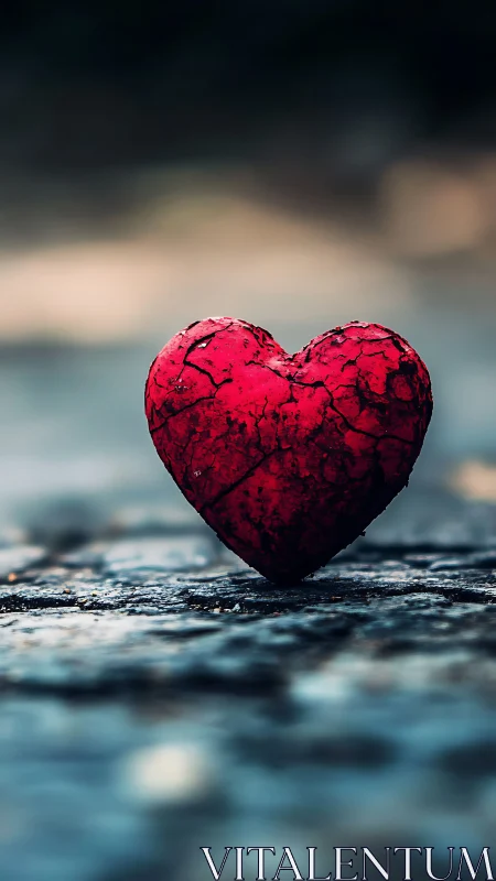 Cracked Red Heart Stone on Wet Surface.