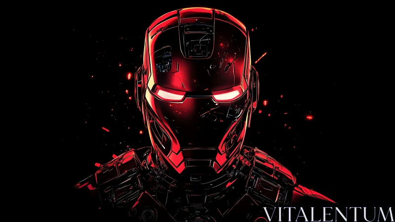 High-contrast red armored helmet rendered with neon edge lighting