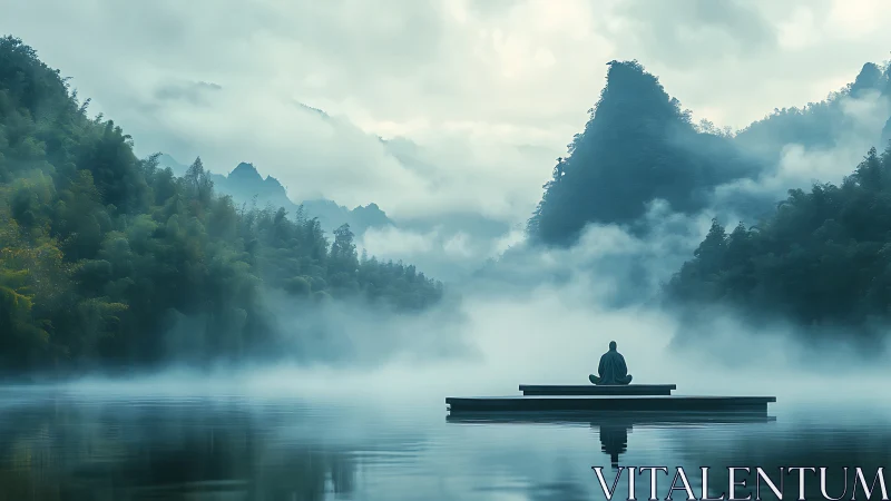 Solitary figure meditating on a misty mountain lake scene.