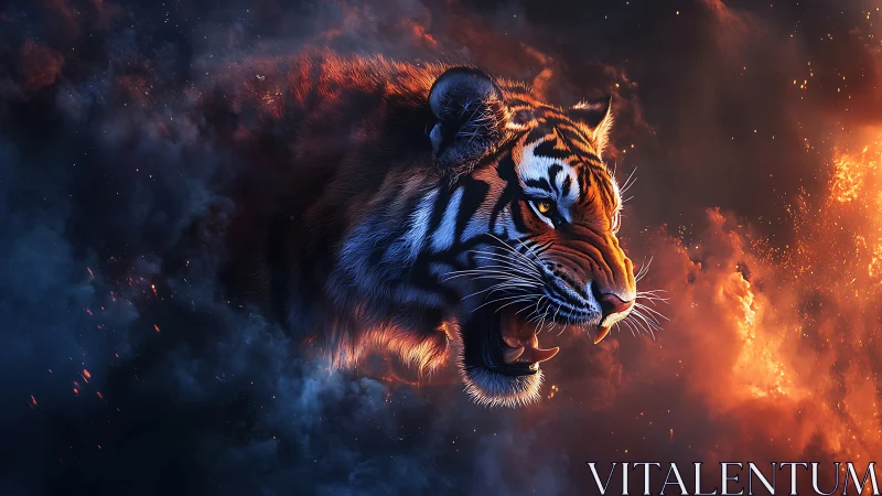 Fiery cosmic tiger roars through swirling embers and smoke.