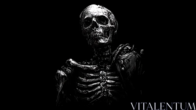 Monochrome skeletal figure emerges from deep black void