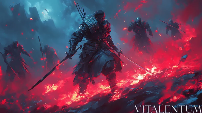Armored swordsmen advance through red-illuminated battlefield