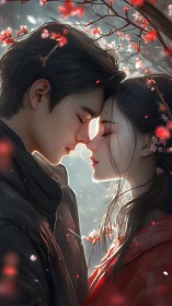 Two Anime Characters in Close Proximity with Red Floral Background