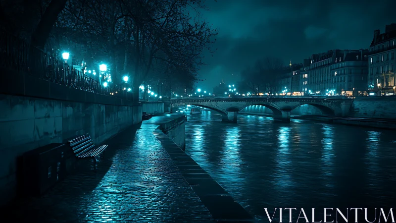 Midnight riverside walk under quiet blue city lights.