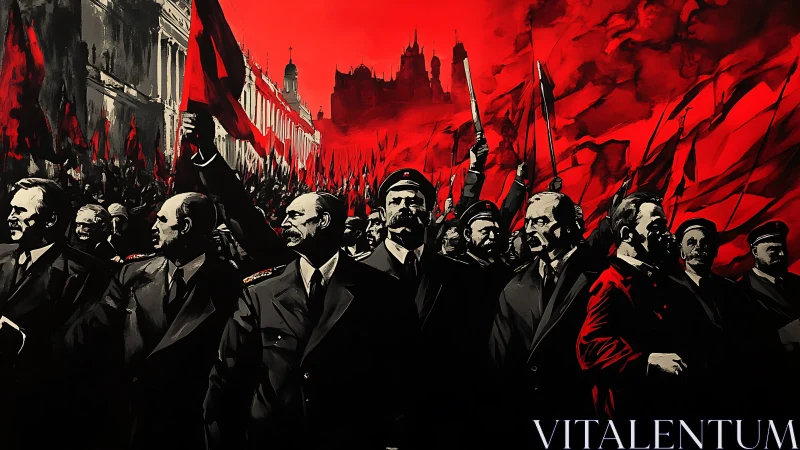 Political leaders in red-flag parade with urban backdrop.