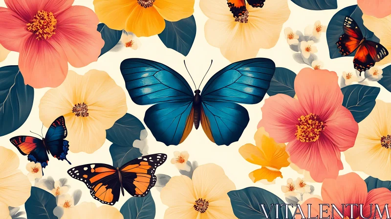 Butterflies with hibiscus flowers on light botanical background.