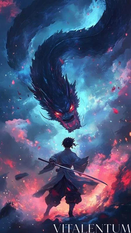 Swordbearer facing a blazing sky serpent of storm and flame.