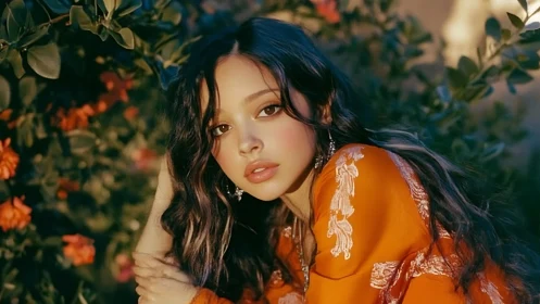 Sunlit muse in tangerine silk among blooming garden whispers.