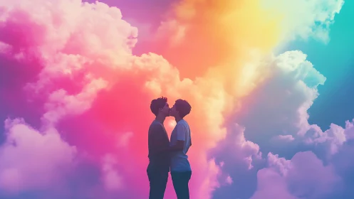 Silhouetted Couple Kissing Against Rainbow Clouds.