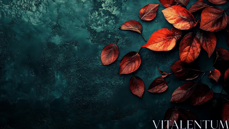 Crimson autumn leaves rest over deep textured teal ground.