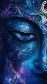 Celestial blue deity portrait with ornate fractal filigree detailing.