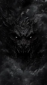 Dark monochrome dragon face emerging from clouded void.