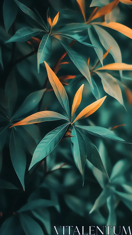 Teal green leaves with warm golden light highlights.
