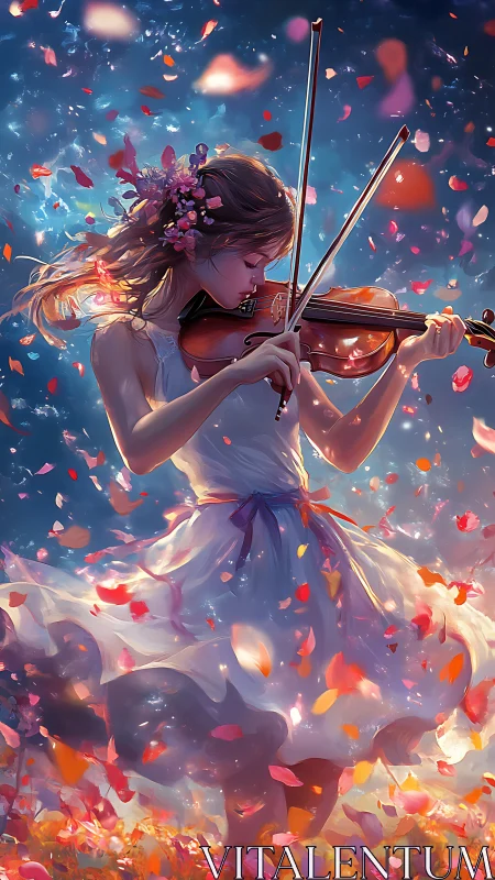 Violin girl in swirling petals under twilight sky.