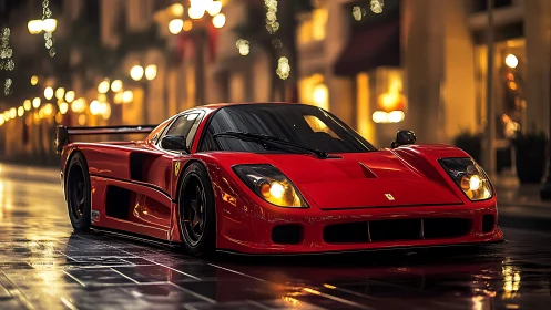 Red supercar on wet city street under glowing night lights.