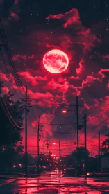 Crimson supermoon dominates neon-lit urban street horizon.