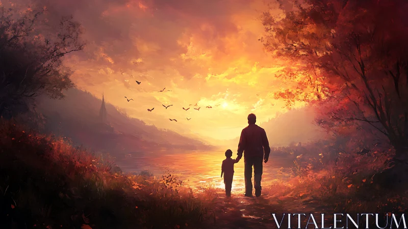 Sunlit path of father and child in ember-bright autumn dusk.