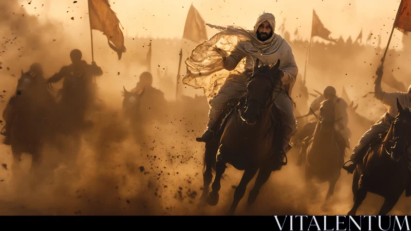 Cinematic equestrian charge through volumetric desert dust field.