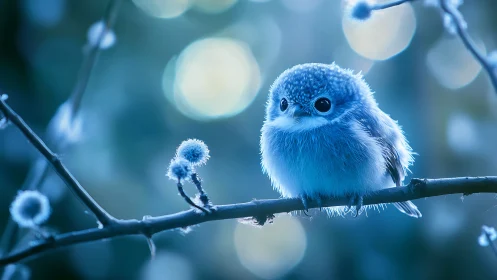 Fluffy Blue Songbird on Frosty Branch in Dreamy Bokeh Style.