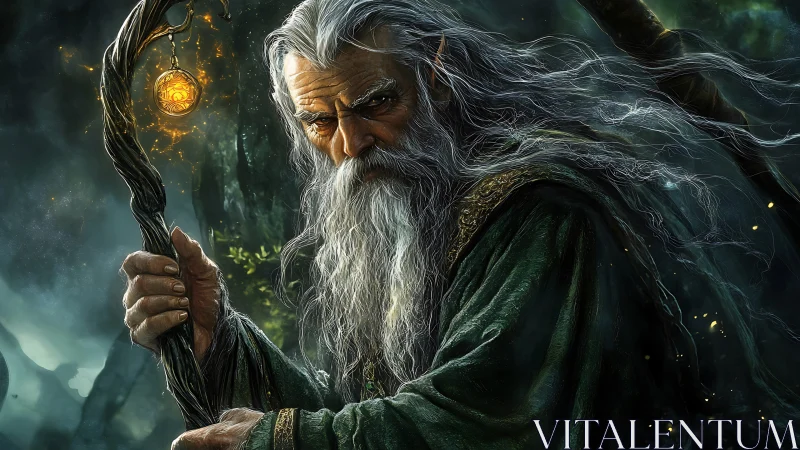 Digital painting of arcane forest wizard with luminous staff.
