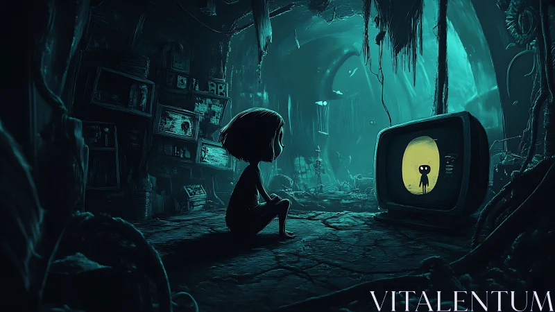 Lonely child quietly studies a glowing screen in eerie ruins