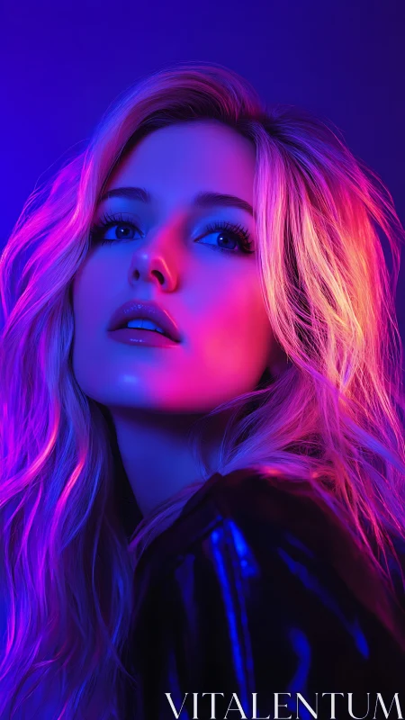 Neon-lit portrait of woman in vivid magenta and blue glow.