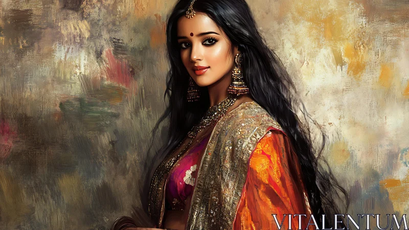 Digital portrait of Indian woman in ornate embroidered sari