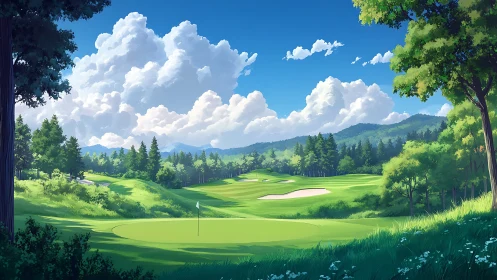 Sunny golf course retreat wrapped in peaceful green hills.