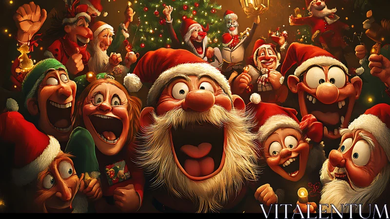 Exaggerated Santa crowd rendered in high-saturation cartoon lighting