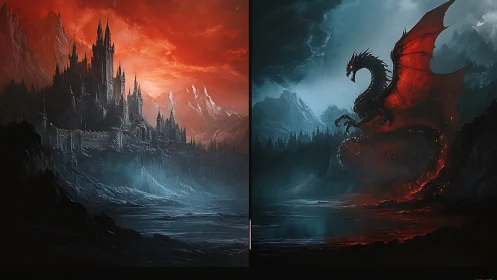 Contrasting dark fortress and red-lit dragon share one landscape
