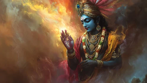 Divine blue-hued deity rendered in ornate digital chiaroscuro