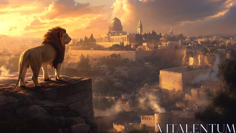 Digital painting of a lion overlooking sunlit fortified cityscape.