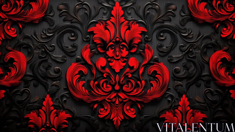 Red baroque floral pattern on dark ornamental background.
