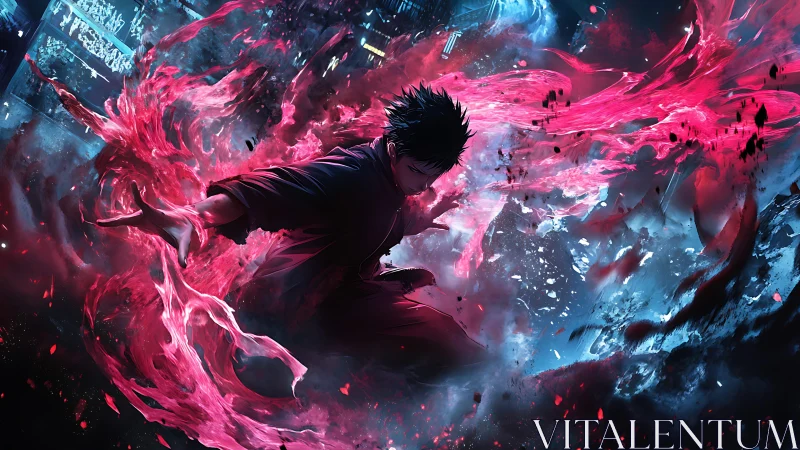 Neon storm bender hurls crimson energy through night streets.