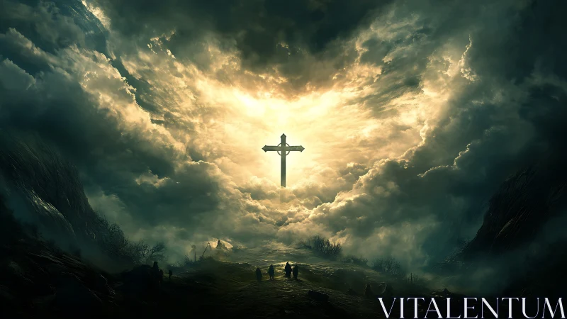 Backlit sword suspended in storm clouds above distant figures