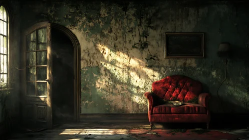 Sunlit red sofa resting in a hauntingly quiet faded room.