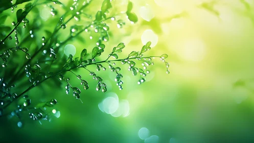 Morning dew jewels on whispering green branches glow softly.