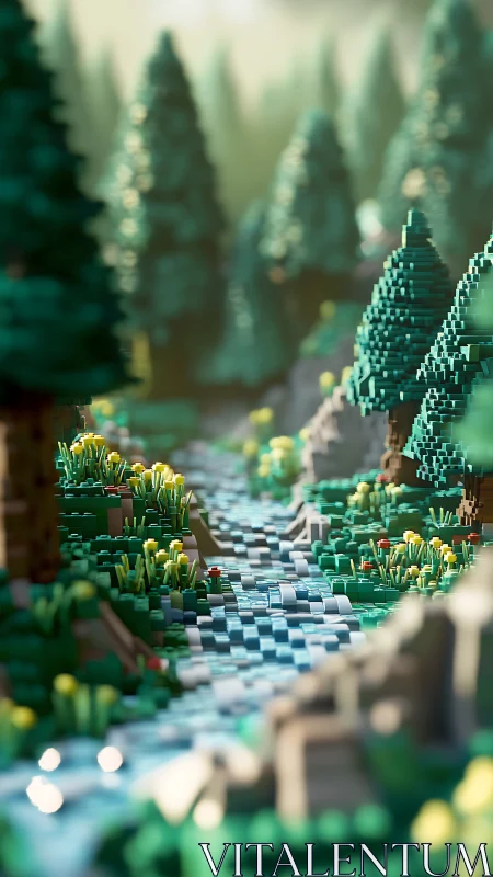 Pixelated Forest Path with Coniferous Trees and Wildflowers.