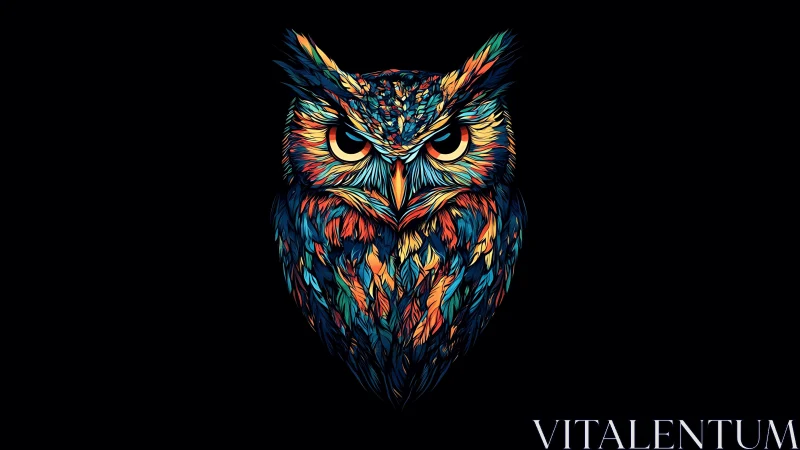 Digital painting of neon-feathered owl on black ground.
