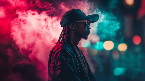 Neon backlit urban portrait in cinematic cyberpunk colorway.