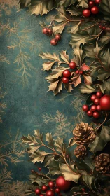 Festive holly and pine boughs frame a rich teal backdrop