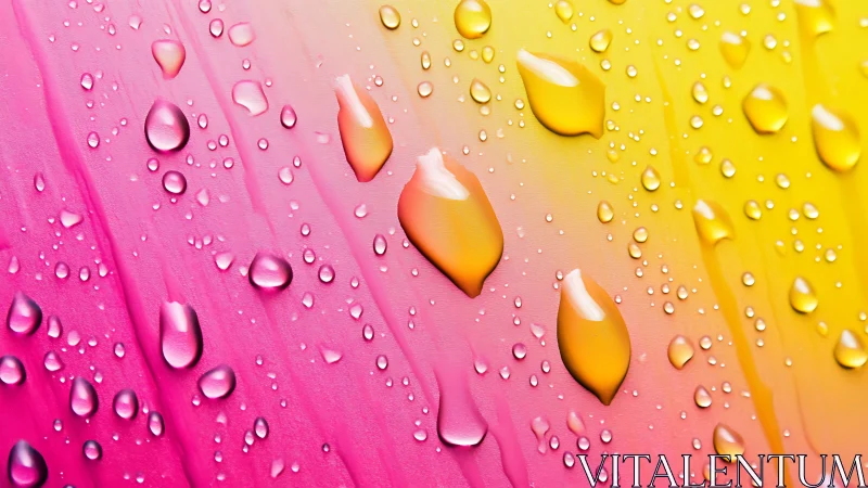 Macro gradient droplets on vibrant pink to yellow surface.