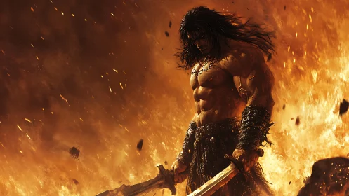 Fire-forged barbarian stands brooding in a storm of embers.