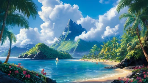 Tropical Island Paradise with Volcanic Peak and Turquoise Lagoon.