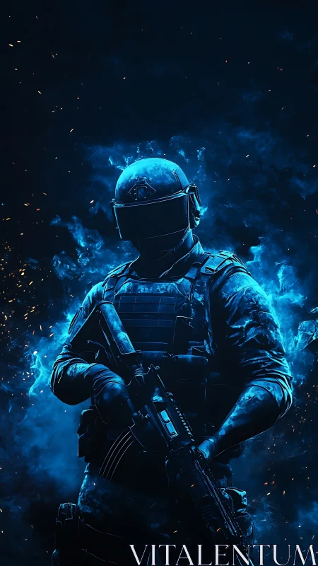 Midnight shock trooper ignites in electric sapphire smoke.