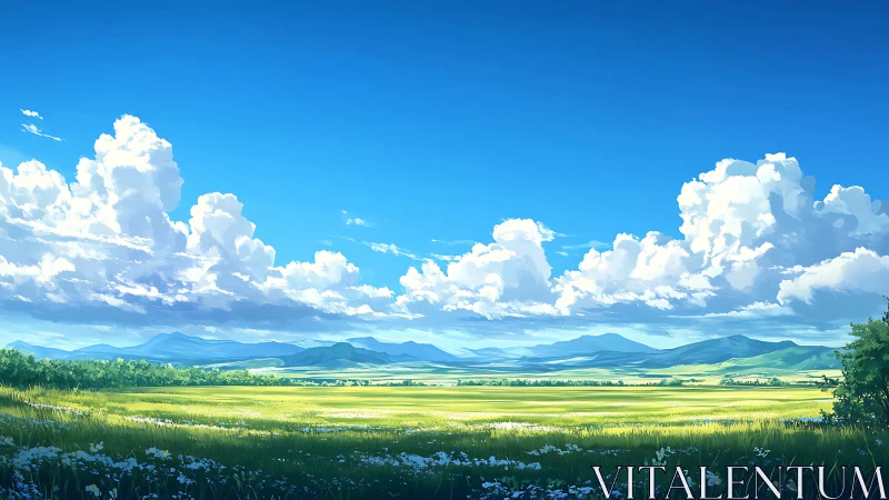 Sunlit summer meadow stretches toward distant blue mountains