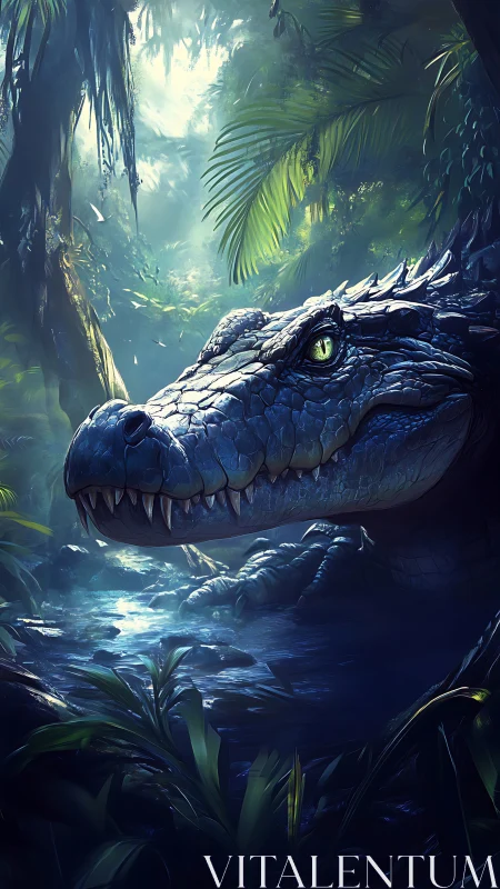 Giant crocodile lurks in misty jungle river clearing