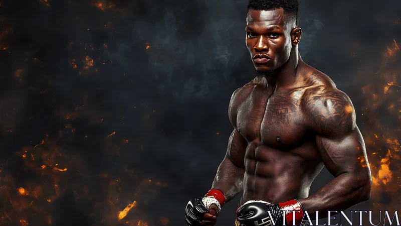 Muscular athlete in boxing gloves against fire effect background