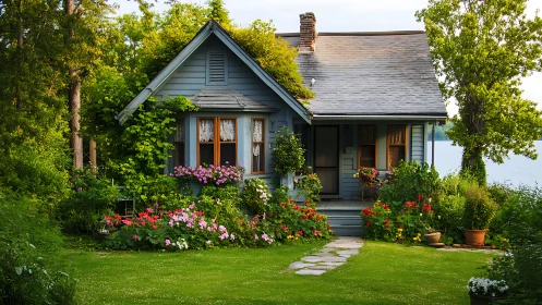 Charming lakeside cottage nestles in lush summer garden.